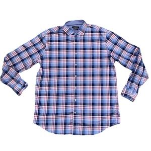 Bugatchi Men Button Up Shirt Blue Pink Plaid Classic Fit Long Sleeve Size 2XL